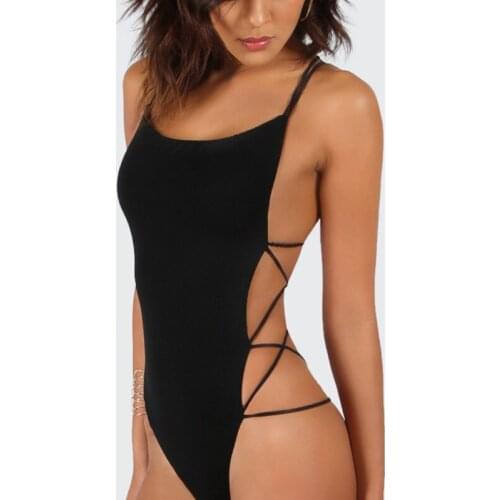 Sexy Swimwear Women Black One Pieces Sleeveless Padded Bikini Clubwear Backless Monokini Swimsuit Back Cross Up Sling Beachwear