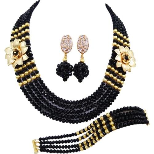 Swell black african necklace jewelry set 5 rows double flower nigerian wedding set 5C-SXH-04
