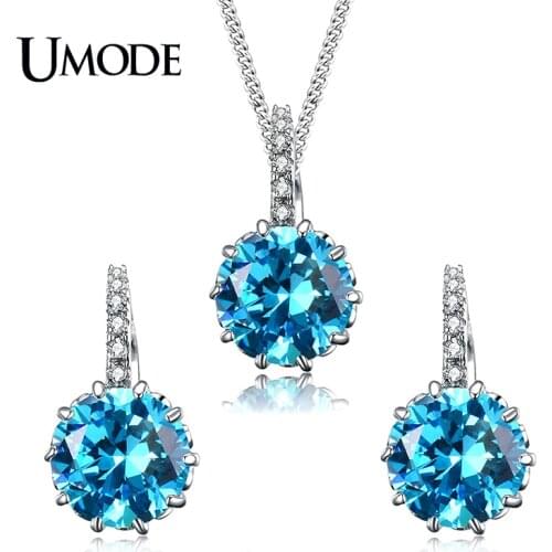 UMODE Fashion Top Blue Round CZ Necklace/Earrings Wedding Jewelry Sets for Women White Gold Color Crystal Jewelry Sets US0037