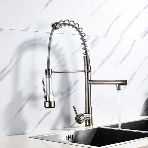 Pull Down Brushed Spring Kitchen Mixer Faucet Deck Mounted Dual Spout Hot & Cold Kitchen Sink Crane Taps Sprayer Shower Head