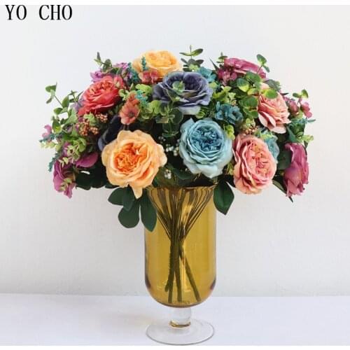 YO CHO artificial flowers peonies big flower heads plastic Hibiscus silk rose bouquet silk flowers bridal bouquet fake flowers