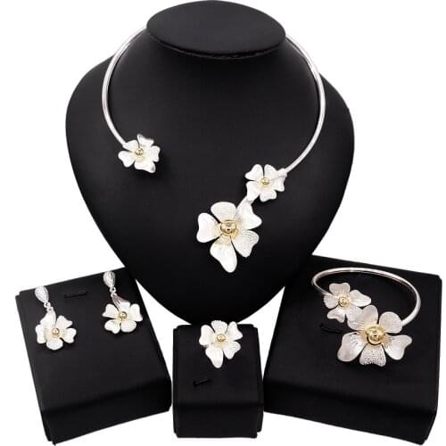 Yulaili Classic Silver Color Flower Shape Choker Necklaces Dangle Earrings Charm Bracelet Ring for Women Wedding Jewelry Sets