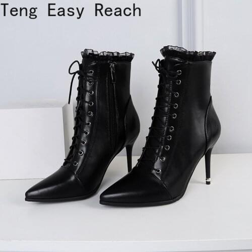 Ankle Boots Women Lace-up Zipper Thin High Heels Boots Point Toe High heels Sexy Party Wedding white Ladies Boots Large size 46