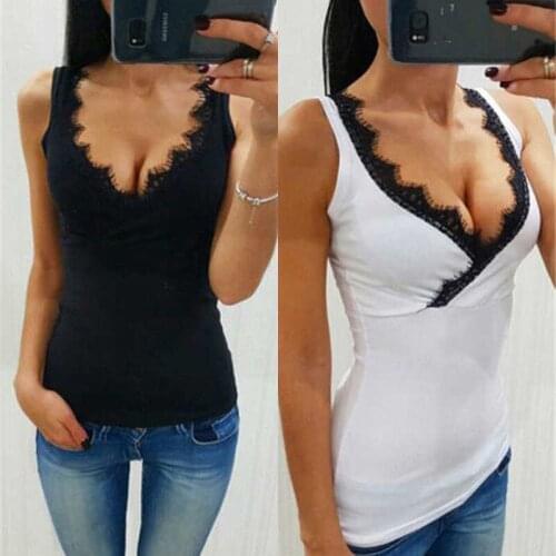 Sexy Fashion Summer Women Casual Lace Tanks Tops Sleeveless V-Neck Pullover Slim Solid Tops 2 Style Size S/M/L/XL