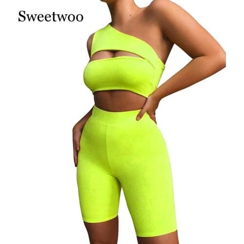 2020 New Hollow Out Two Piece Set One Shoulder Women Sports Sets Summer Hip Push Up Tracksuit Crop Top Sports Suits Green Orange