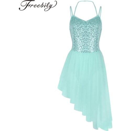 Women Adult Ballet Dress Spaghetti Straps Sleeveless Halter Neck Sequins Irregular Tulle Ballet Dance Gymnastics Leotard Dress