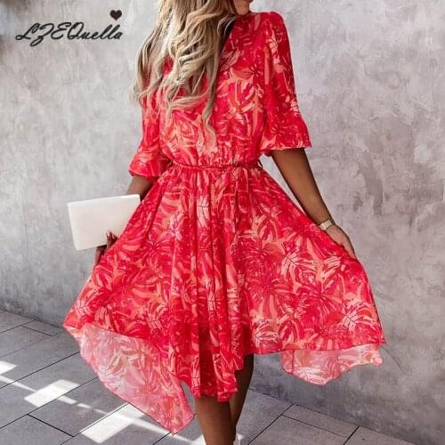 Women Summer Floral Print Boho Dress Half Sleeve V Neck Button Pleated Dresses Party Holiday Sashes Dresses Sundress NZ3796