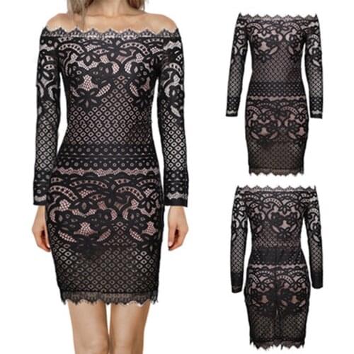 Women Summer Beach Vestidos Perspective Lace Dress Sexy Off Shoulder Strapless Mini Party Dress Flare Sleeve Casual Loose Dress