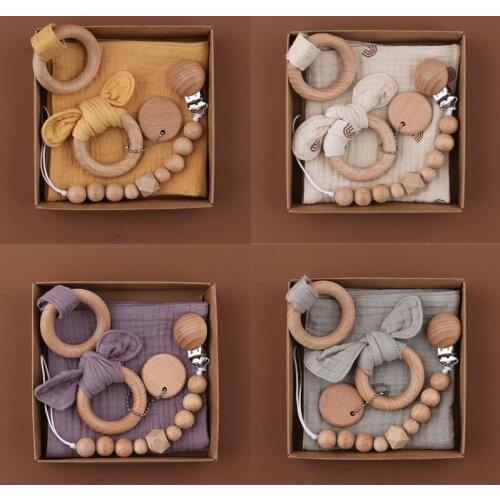 1Set Pacifier Clips Chain Cotton Soothe Appease Towel Baby Bibs Teething Ring Cute Bunny Ear Teether Newborn Shower Gift