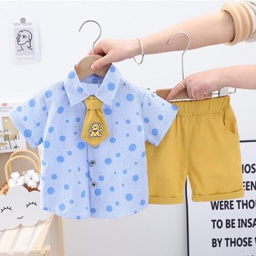 2021 Summer Clothing 1 2 3 4 Year Boy Polka Dot Short Sleeves Cute Bear Tie Fashion Casual Shorts 2 Pieces Set Shorts Party Suit