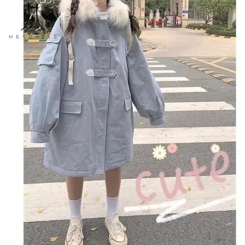 2021 women Harajuku Japanese Kawaii fur collar Parka coats female blue casual loose thick warm outerwears lady Preppy coats