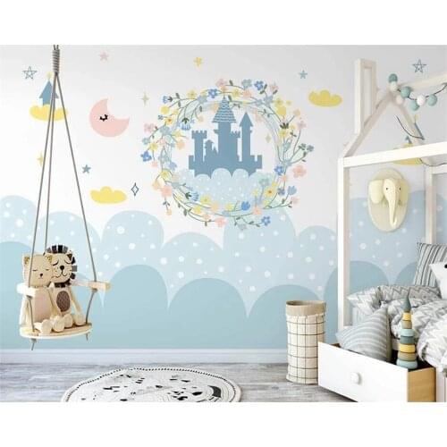 Beibehang Customize new Nordic hand-painted simple clouds small castle starry sky childrens background wallpaper wall paper