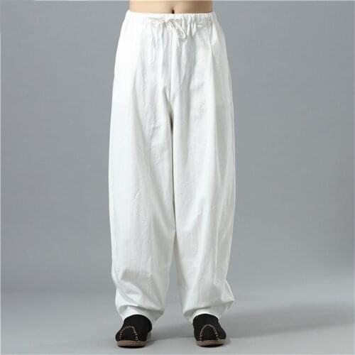 2020 Autumn Large Size Wide Leg Pants Men Casual Loose Trousers Chinese style Cotton Linen Pants Drawstring Joggers M-6XL White