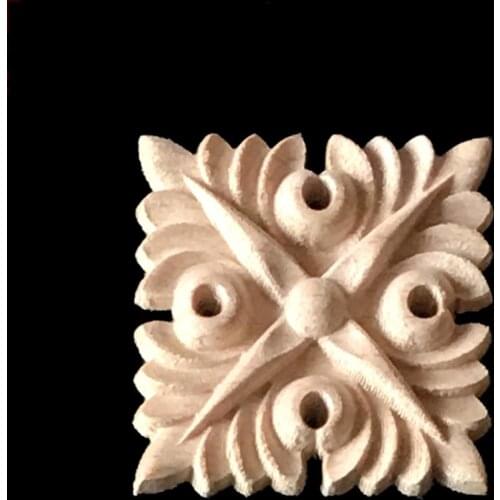 5CM 6CM Natural Wood Appliques Square Flower Carving Decals Decorative Wooden Mouldings for Cabinet Door Furniture Decor Craft