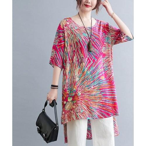 Oversized Women Cotton Linen Casual T-shirts New 2021 Summer Vintage Style Print Loose Female Half Sleeve Tops Tees S3940