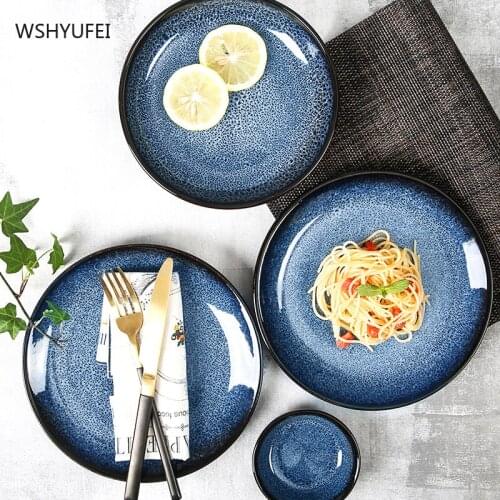 Blue Glazed Black Ceramic Dinner Plate Household Fruit Main Dish Snack Cake Tray Western Steak Barbecue Dish Kitchenware Set