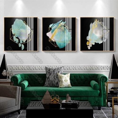 Nordic Style Canvas Painting Abstract Golden Geometric Patterns Light Green Ice Wall Poster Print for Home Rooms Wall Decoration