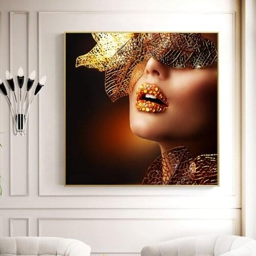 Canvas Painting Woman Gold Sexy Lips Prints Posters Nordic Wall Pictures For Living Room Decor Frameless