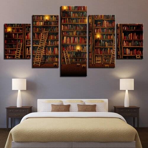 Canvas Prints Pictures Home Wall Art Decor 5 Pieces Fantasy Study Library Book Landscape Painting Cartoon Comic Poster Framework