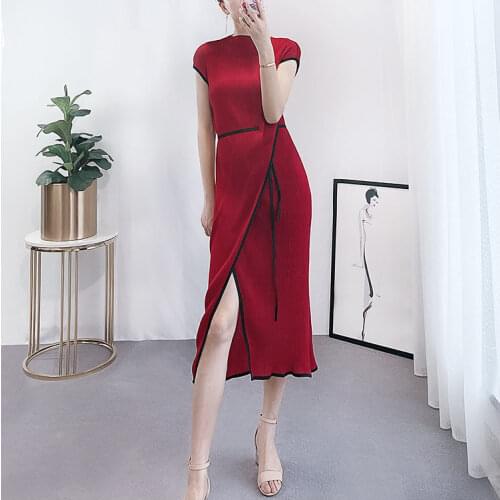 HOT SELLING Miyake fashion fold slash neck short sleeve lacing straight dress IN STOCK