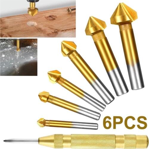 6pcs 90 degree 3 flute HSS Countersink Drill Bit Set titanium coated 6.3-20.5mm chamfer cutter drill bits set for board