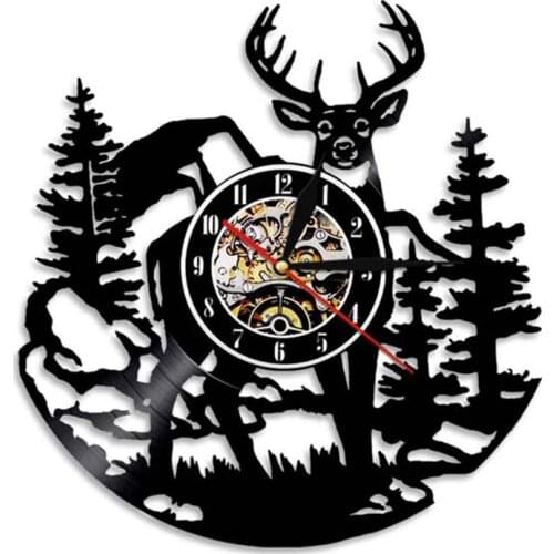 Birch Tree Forest Deer Vinyl Record Wall Clock Animals Hunting Club Vinyl Clocks with LED Wall Watch Home Decor Christmas Gifts