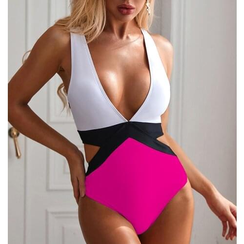 2021New Sexy Patchwork V Neck One Piece Swimsuit Women Swimwear Female Backless Monokini High cut Bathing Suit Swim Bodysuit