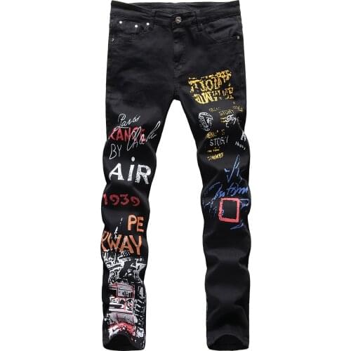New mens black Printing Elastic Force Leisure Time Jeans Male Tide Brand Personality Directly Canister Flower Pants trousers
