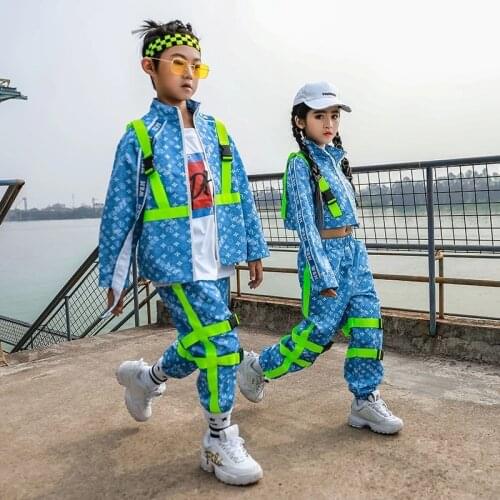 New Hip Hop Costume Kids Blue Shirts Boys' HipHop Loose Pants Performance Outfit Girls' Jazz Dance Autumn Clothes For Children