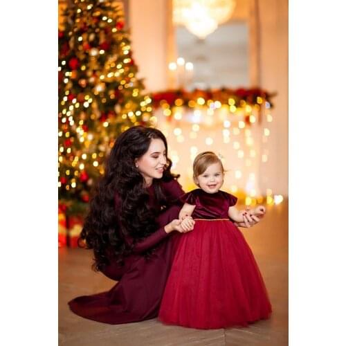 Long Sleeve Mother Daughter Birthday Party Dresses Wine Red Mom And Girls Celebration Pageant Photo Dresses Custom