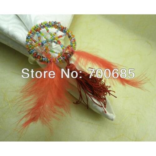 Wholesale napkin ring beades with feather, beaded wedding napkin holder