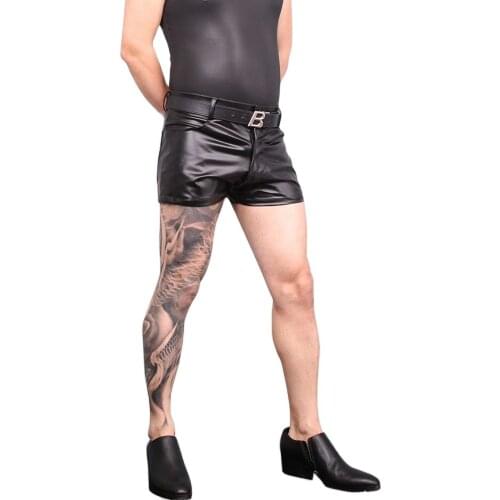 Korean Style Summer Beachwear Casual Shorts PU Latex Ammonia Leather Men Oil Black U Convex Pouch Leisure Tight Jogging Boxers