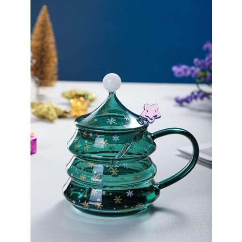Christmas Tree Glass Cup Cute With Spoon Lid Coffee Milk Water Drinking Festival Party Home Drinkware Gifts