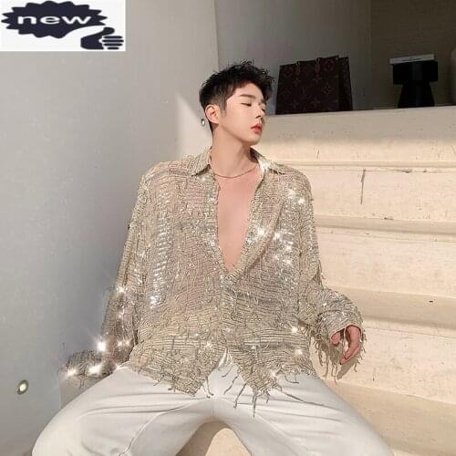 Long Sleeve Button Up Shirt Personality Tassel Sequined Nightclub Shiny Sexy Perspective Shirts Spring Men Loose Casual Tops