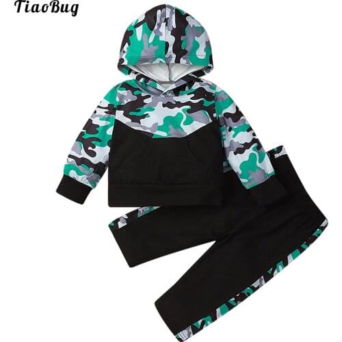 Spring Autum 2Pcs Baby Camouflage Sport Outfits Block Color Hoodie Pullover Sweatshirt Tops Elastic Band Pants Clothing Set