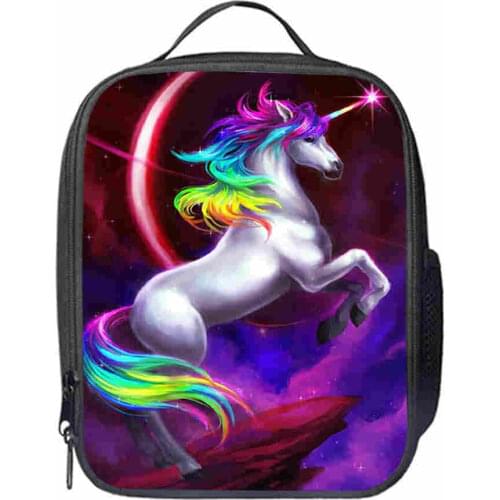 Unicorn Lunch Bag Customized Black Horse Animal Anime Teenagers Boys Girls Kid School Thermal Cooler Insulated Tote Box