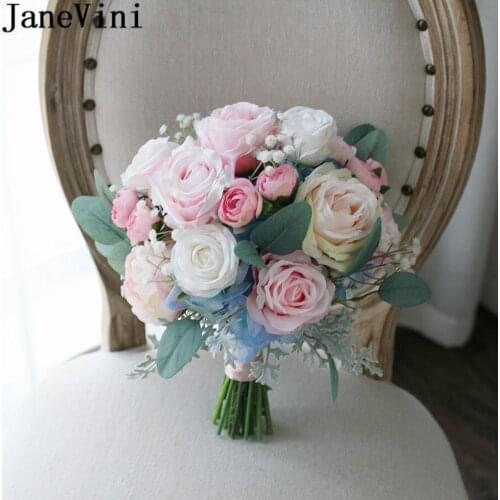JaneVini 2021 Pink Rose Wedding Bouquets Bridesmaid Handheld Flower Artificial Hydrangea Bride Handmade Bridal Brooch Bouquet
