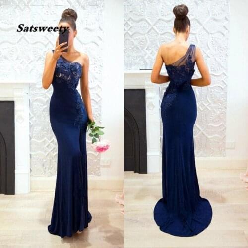 Navy Blue Mermaid Bridesmaid Dresses One Shoulder Sweep Train Appliques Wedding Guest Party Gown Maid of Honor Dress