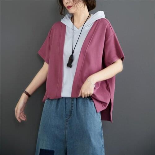 Hoodies Women Short Sleeve Patchwork Summer Fake Two-Piece Hooded Female Clothes Loose Casual Women Tops