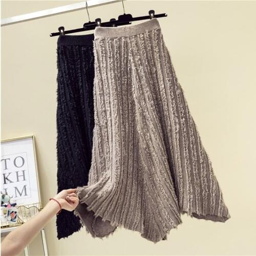 Tassel Irregular Skirts Womens 2020 Winter Thicken Warm Streetwear Fashion Office Lady Knitted Skirt Black Khaki Faldas Mujer