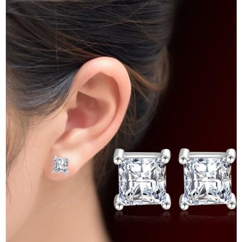 Silver earring New High Quality Fashion Square Shiny Zircon Design 925 Sterling Silver Stud Earrings for Women Jewelry Gift