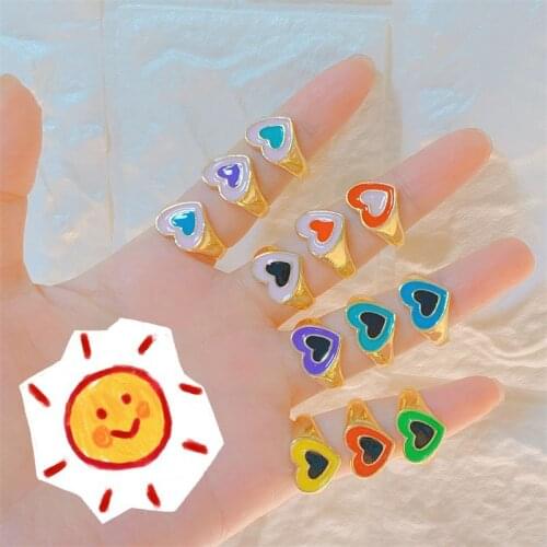 New Ins Creative Simple Colorful Love Heart Rings Vintage Gold Metal Double Layer Heart Couple Rings For Women Fashion Jewelry