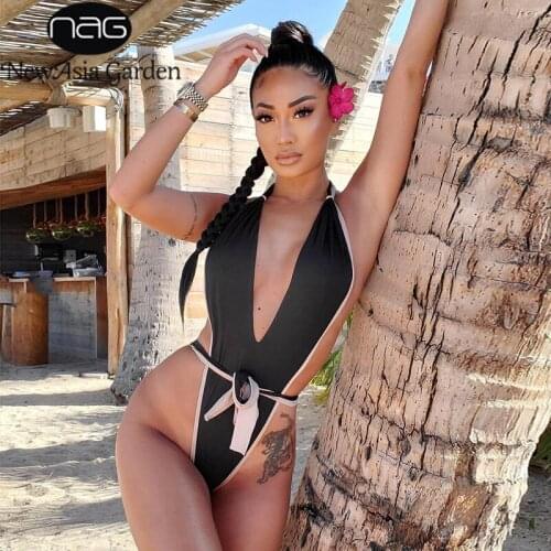 NewAsia Sexy One Piece Swimsuit Bathing Set Women Halter Deep V-neck Lace Up Bow Biquini Push Up Padded Brazilian Monokini