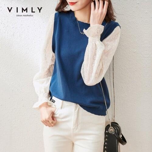 VIMLY Knitted Tops Women Spring Fashion Round Neck Sweater Splice Lace Sleeve Clothes Elegant Outwear Female Pullovers F6871
