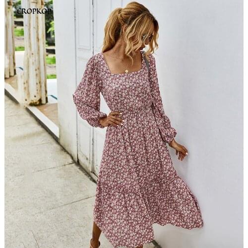 Women Long Dress Summer Autumn Long Sleeve Elegant Ladies Flower Square Collar Dresses