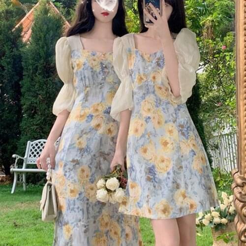 Summer 2021French fashionVintage Floral Dress for Women Square Collar Mini Dress Puff Sleeve High Street A-line Ladies Dresses