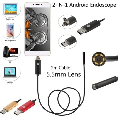 2M Cable 5.5mm 6 Leds IP67 Waterproof Usb Endoscope Android OTG Snake Tube Pipe 5cm 480P Mini Surveillance Inspection Camera