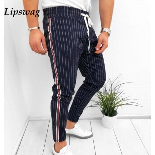 Vintage Striped Print Drawstring Mens Pencil Pants Spring Elastic Skinny Trousers Summer Casual Men Clothing Fashion Streetwear