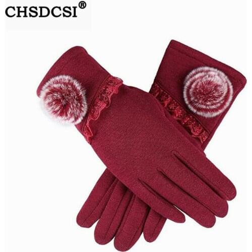 CHSDCSI Women Full Finger Gloves Fur Winter Warm Mittens Female Cashmere Gloves Bowknot Hand Warmer Guantes Mujer Elegant Mitten