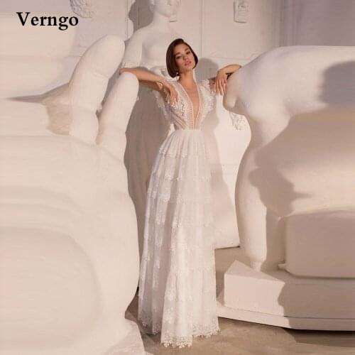 Verngo Elegant A Line Tiered Skirt Wedding Dresses Lace Tulle V Neck Cap Sleeves Pearls Buttons Back Floor Length Bridal Gown